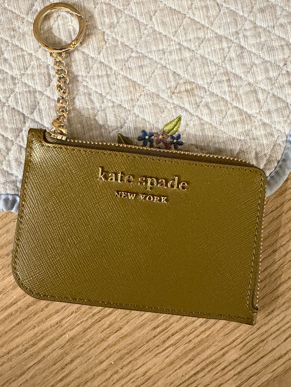 kate spade olive green saffiano keyring card holder with gold hardware